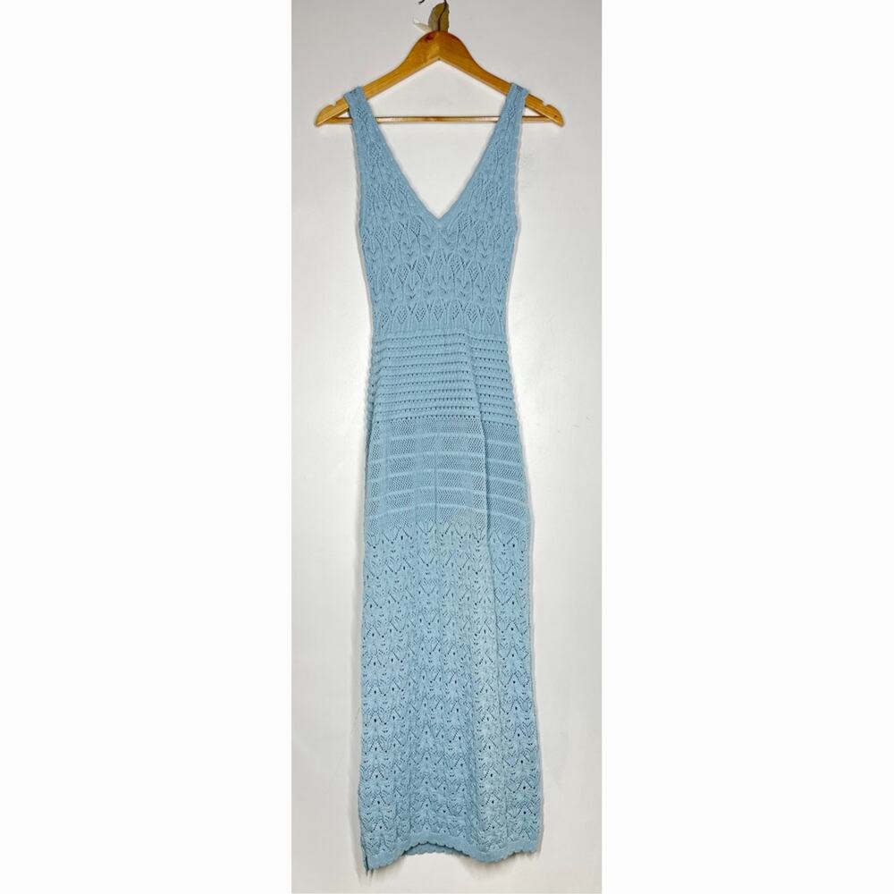 Ronny Kobo Crochet Knit Tank Dress Sleeveless V-Neck Maxi Column Blue Medium - Picture 3 of 13